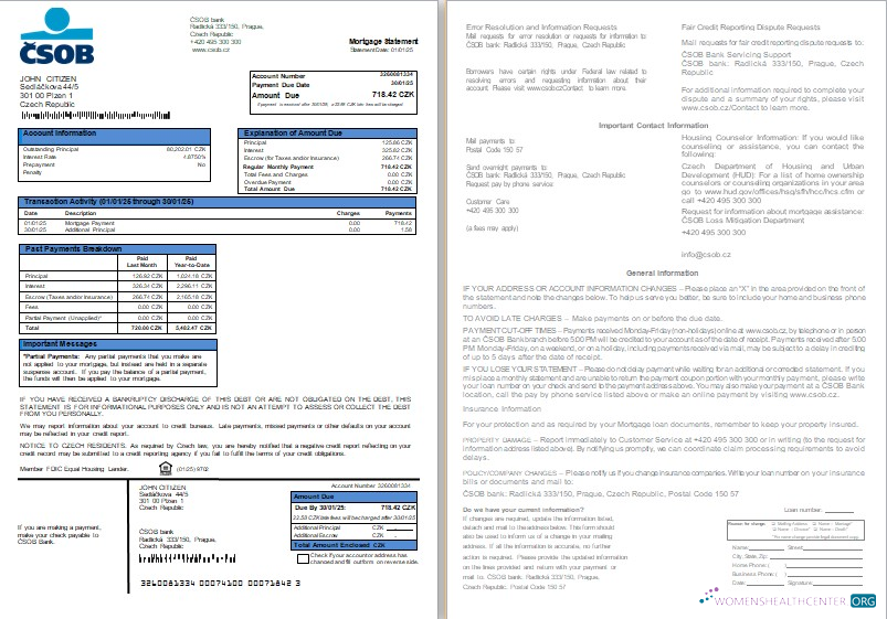 Download Czech ČSOB bank mortgage statement, 2 pages, 1 2 scr Photoshop template